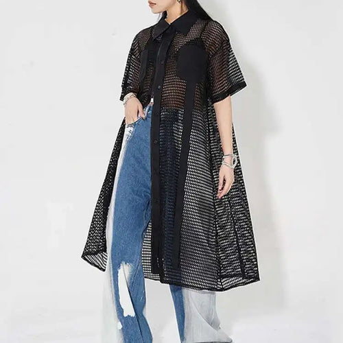 Load image into Gallery viewer, Women Black Mesh Perspective Midi Big Size Shirt Dress New Lapel Short Sleeve Fashion Tide Spring Summer 2025 1DH4934
