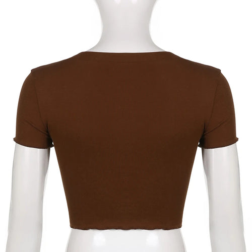Load image into Gallery viewer, Harajuku V Neck Lace Patchwork Brown Crop Tops Buttons Korean Basic Summer Short Sleeve T shirt Women Korean Tee
