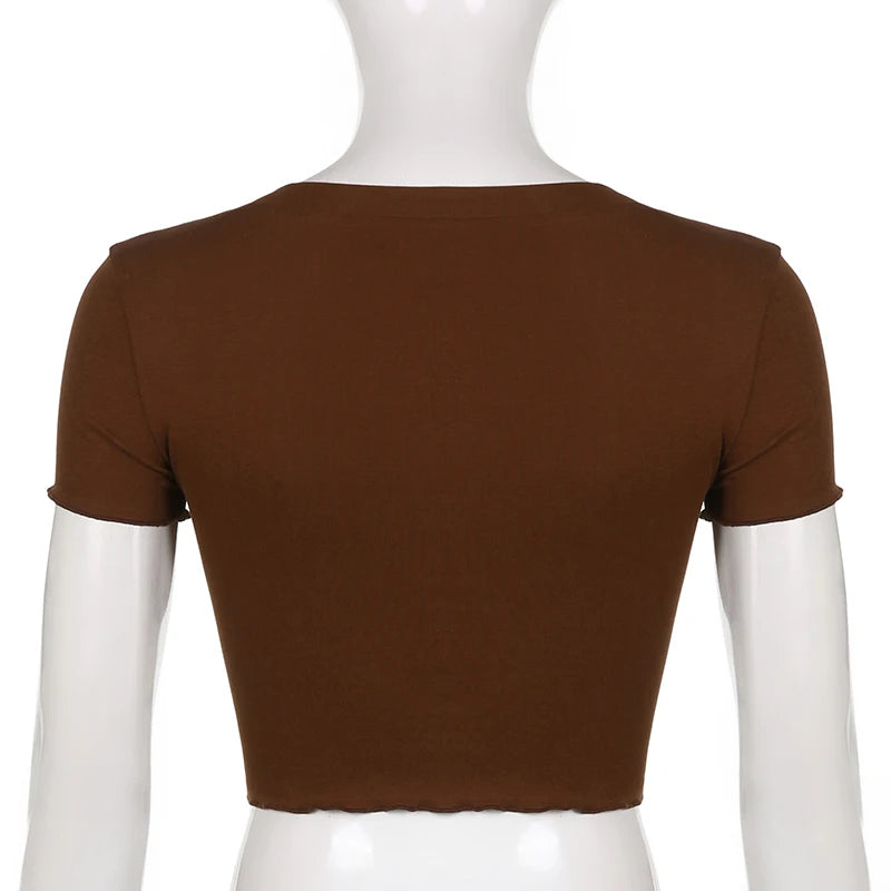 Harajuku V Neck Lace Patchwork Brown Crop Tops Buttons Korean Basic Summer Short Sleeve T shirt Women Korean Tee