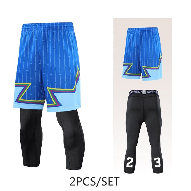 2pcs Set Men Running Shorts Leggings Fitness Compression Sweatpants Gym Jogging Outdoor Sport Basketball Football Clothes v2