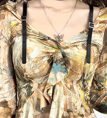 Sexy Crop Tops Y2k Aesthetic Vintage Blouse for Women Irregular Ruffled Tunic Shirts 2025 Blouse Mujer De Moda Harajuku Blouses