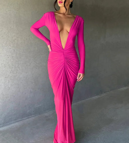 Deep V Neck Ruched Maxi Dress Women Gown Autumn New Long Sleeve Backless Bodycon Sexy Party Evening Dress Vestidos