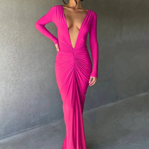 Load image into Gallery viewer, Deep V Neck Ruched Maxi Dress Women Gown Autumn New Long Sleeve Backless Bodycon Sexy Party Evening Dress Vestidos
