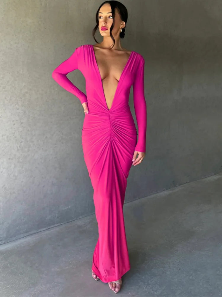 Deep V Neck Ruched Maxi Dress Women Gown Autumn New Long Sleeve Backless Bodycon Sexy Party Evening Dress Vestidos