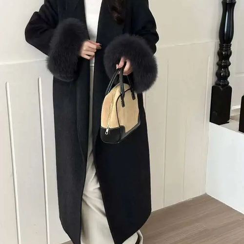 Load image into Gallery viewer, Dark Gray Cuff Fur Big Size Long Woolen Coat New Lapel Long Sleeve Women Jacket Fashion Tide Autumn Winter 2025 CPG2464
