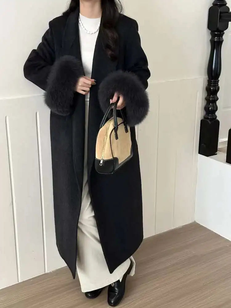 Dark Gray Cuff Fur Big Size Long Woolen Coat New Lapel Long Sleeve Women Jacket Fashion Tide Autumn Winter 2025 CPG2464