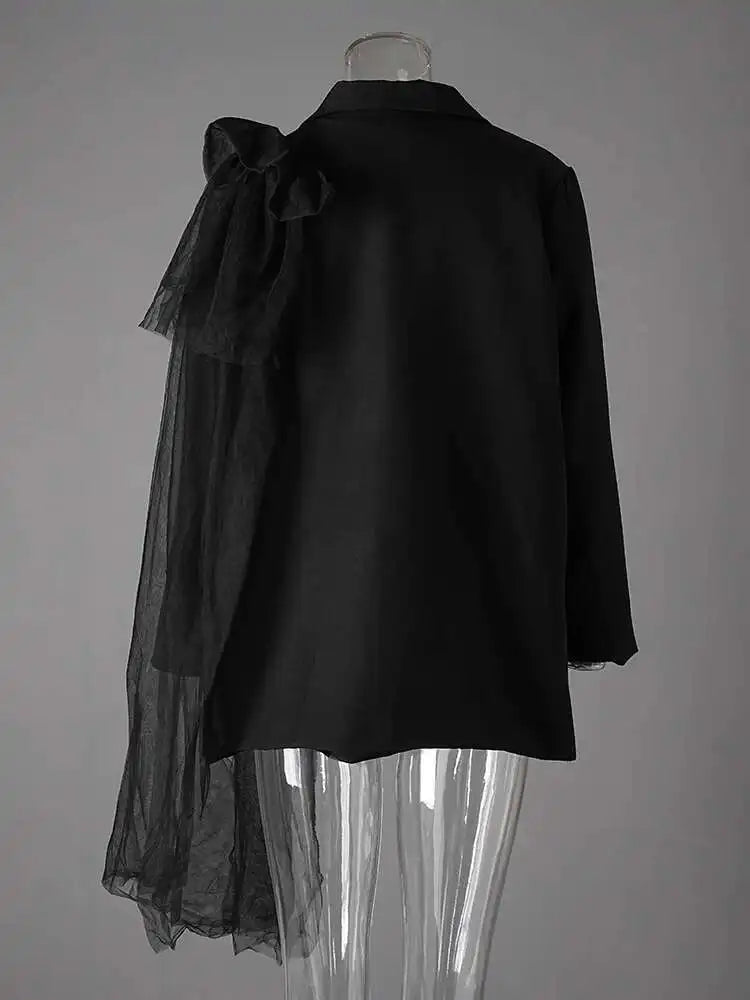 Women Black Irregular Mesh Ruffles Big Size Blazer New Lapel Long Sleeve Jacket Fashion Tide Spring Autumn 2025 CP3519