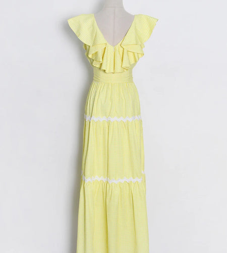 Colorblock Dress For Women V Neck Sleeveless Patchwork Ruffle Trim High Waist Casual Dresses Female 2022 Fashion Clothes New