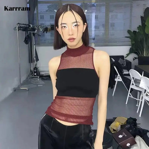 Load image into Gallery viewer, Japanese Y2k Kint Tank Top Trashy 2000s Hollow Out Tanktop Grunge Aesthetics Knitted Crop Top Vintage Harajuku Tube Tops
