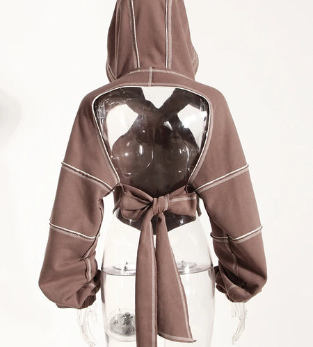 Brown Back Bow Irregular Cut-out Sweatshirt New Hooded Long Sleeve Women Big Size Fashion Tide Spring Autumn 2025 1DF1820