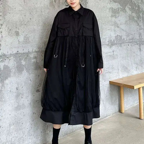 Load image into Gallery viewer, Women White Mesh Ribbons Pocket Big Size Midi Shirt Dress New Lapel Long Sleeve Fashion Tide Spring Autumn 2025 1DH8647
