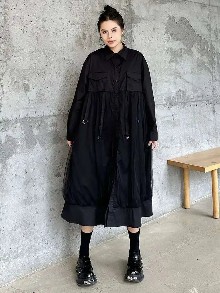 Women White Mesh Ribbons Pocket Big Size Midi Shirt Dress New Lapel Long Sleeve Fashion Tide Spring Autumn 2025 1DH8647