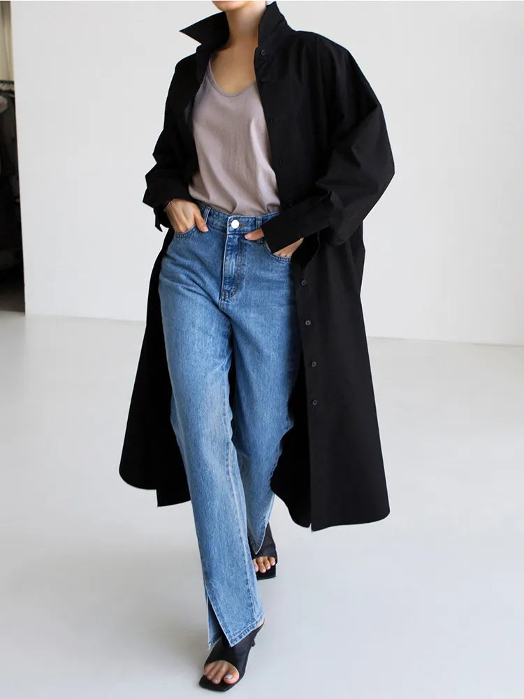 Loose Straight Shirt For Women Lapel Long Sleeve Solid Minimalist Button Through Blouse Female Clothing Style