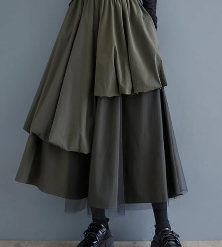 High Elastic Waist Army Green Mesh Irregular A-line Half-body Skirt Women Fashion Tide New Spring Autumn 2025 1DJ0313