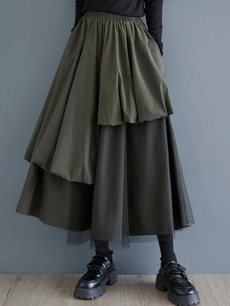 High Elastic Waist Army Green Mesh Irregular A-line Half-body Skirt Women Fashion Tide New Spring Autumn 2025 1DJ0313