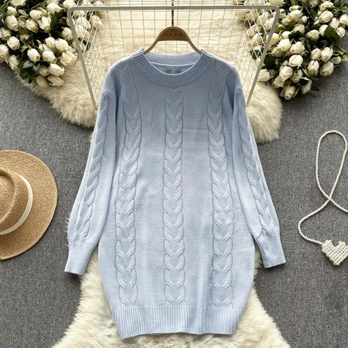 Load image into Gallery viewer, Retro Women Solid Round Neck Medium Length Sweater Autumn Winter Long Sleeve Loose Knitted Pullover Tops Casual Trend Simplicity

