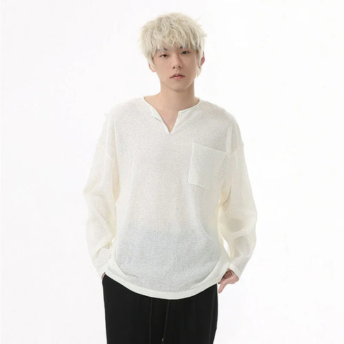 Load image into Gallery viewer, Men's T-shirt Long Sleeve Design Korean Pocket Decoration V-neck Casual Top Thin Loose Male Pullover Clothing 9W1585
