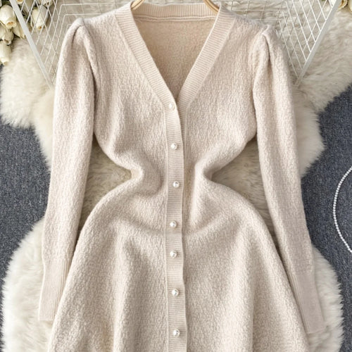 Load image into Gallery viewer, French Fashion Women Solid Single Breasted Elegant V Neck Short Dress Autumn Winter Long Sleeves Knitted Sweater Mini Dress Chic
