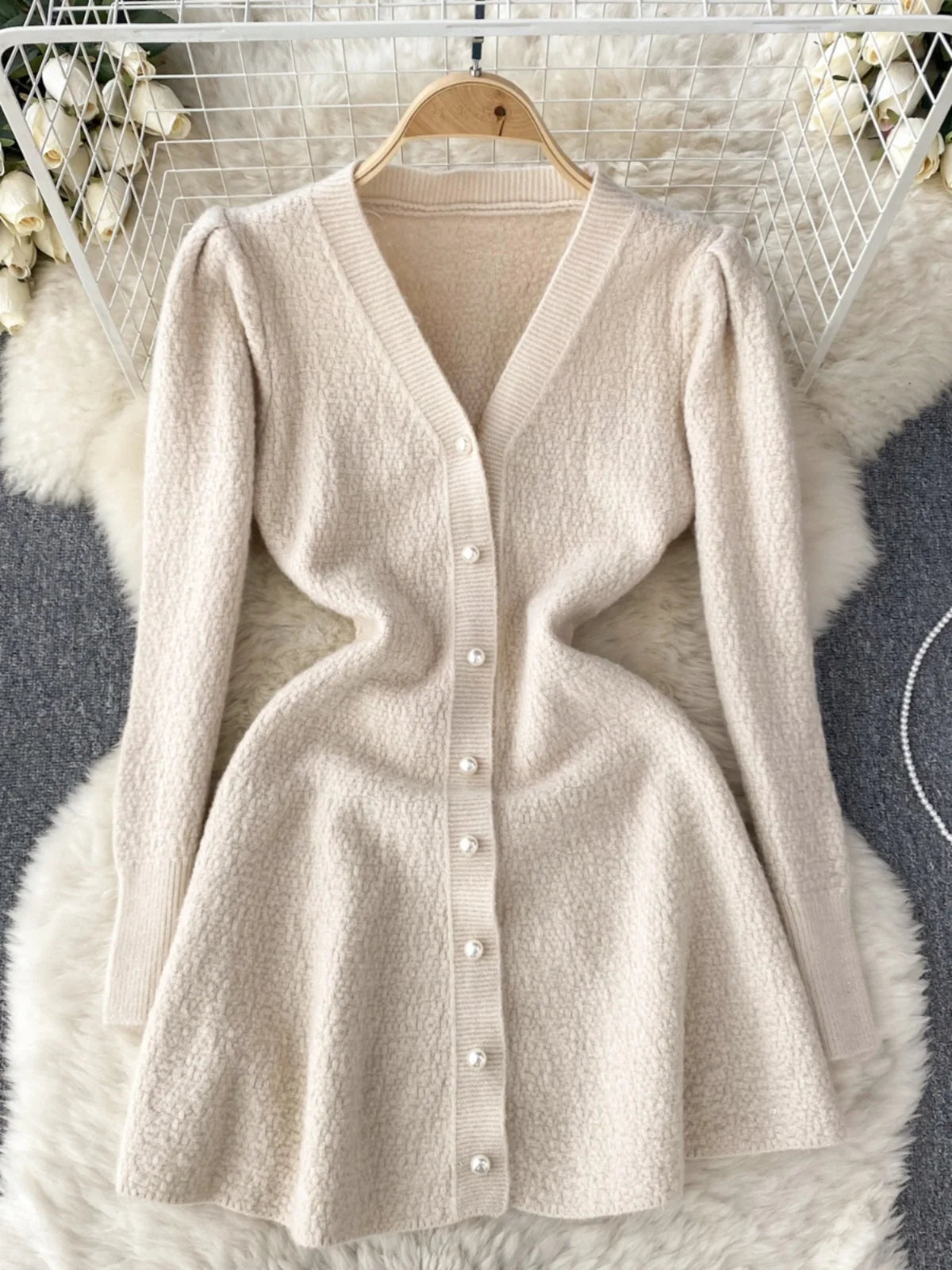 French Fashion Women Solid Single Breasted Elegant V Neck Short Dress Autumn Winter Long Sleeves Knitted Sweater Mini Dress Chic