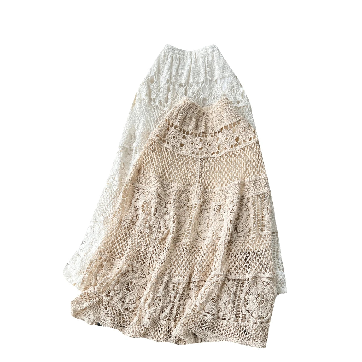 Retro French White Elegant Hook Flower Hollow Elastic High Waist Skirt Women Khaki Vacation Slim Skirts Female Autumn New Trend