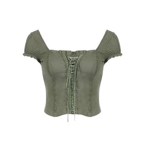 Load image into Gallery viewer, E Girl y2k Top Women Aesthetic Lace Trim Tie Front V Neck Short Sleeve T Shirt 2000s Style Clothes Vintage Streetwear
