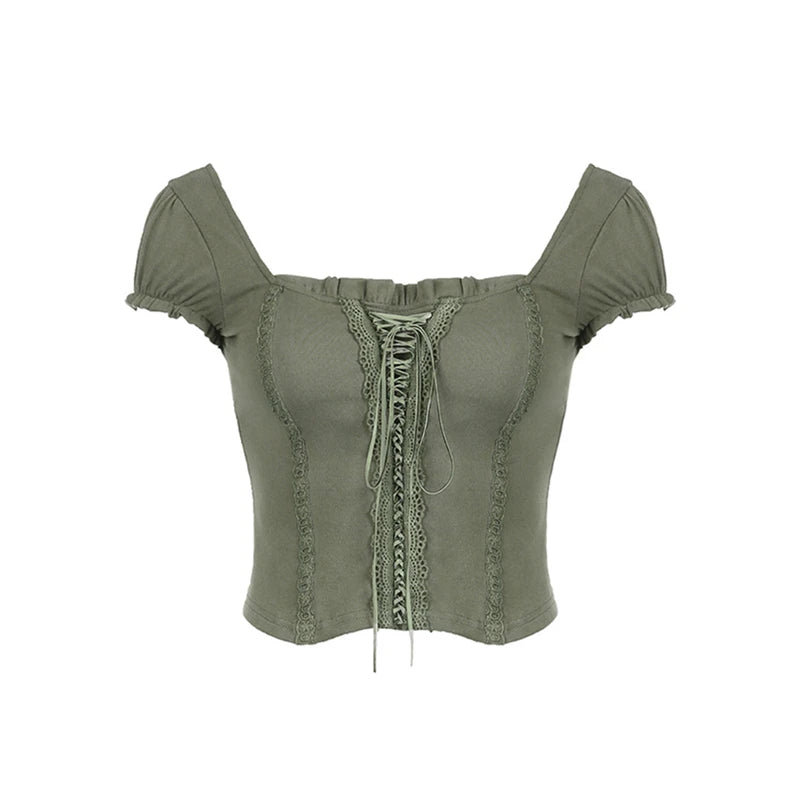 E Girl y2k Top Women Aesthetic Lace Trim Tie Front V Neck Short Sleeve T Shirt 2000s Style Clothes Vintage Streetwear