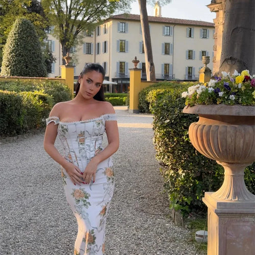 Load image into Gallery viewer, Vintage Print Sexy Maxi Dress Women Gown Summer Off-shoulder Sleeveless Backless Bodycon Club Party Long Dress Elegant
