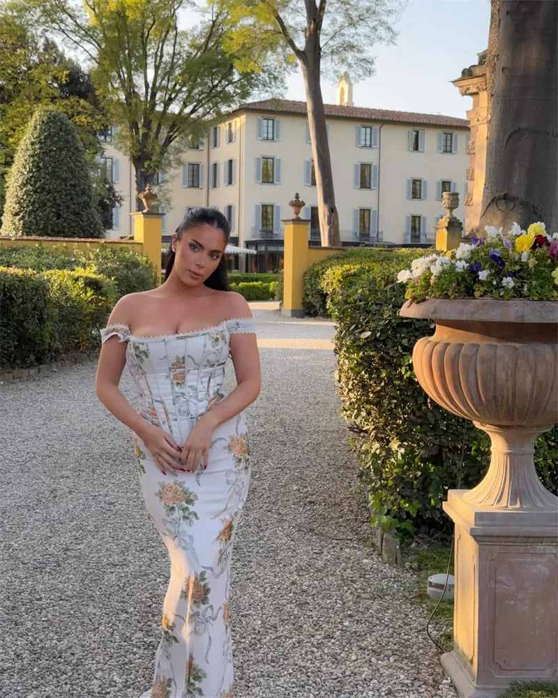 Vintage Print Sexy Maxi Dress Women Gown Summer Off-shoulder Sleeveless Backless Bodycon Club Party Long Dress Elegant