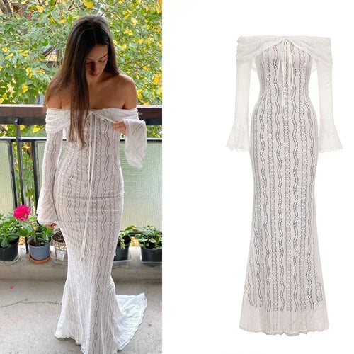 Load image into Gallery viewer, White Off The Shoulder Bodycon Dress 2024 New in Flare Sleeve Elegant Lace Maxi Dress Wedding Guest Dress for Women
