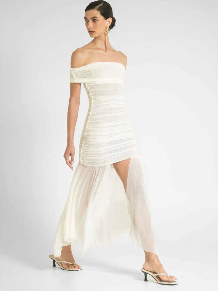 Elegant Sleeveless One Shoulder Mesh Patchwork Elastic Tight Dress Women Sexy Backless Perspective Party Club Vestido