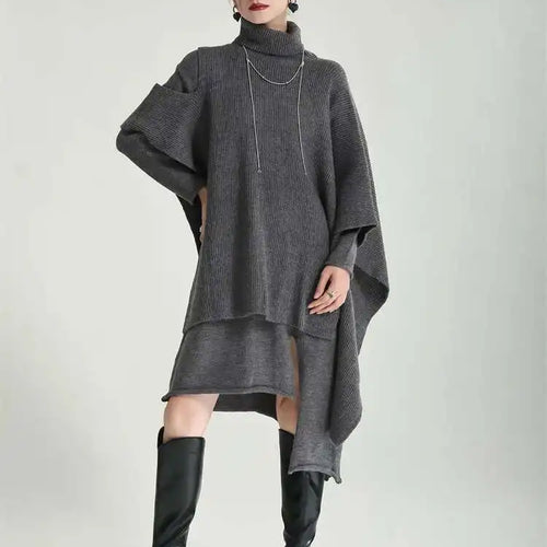 Load image into Gallery viewer, Women Gray Irregular Design Knitting Dress New Turtleneck Long Sleeve Loose Fit Fashion Tide Spring Autumn 2025 1DF2618
