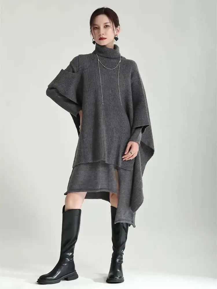 Women Gray Irregular Design Knitting Dress New Turtleneck Long Sleeve Loose Fit Fashion Tide Spring Autumn 2025 1DF2618