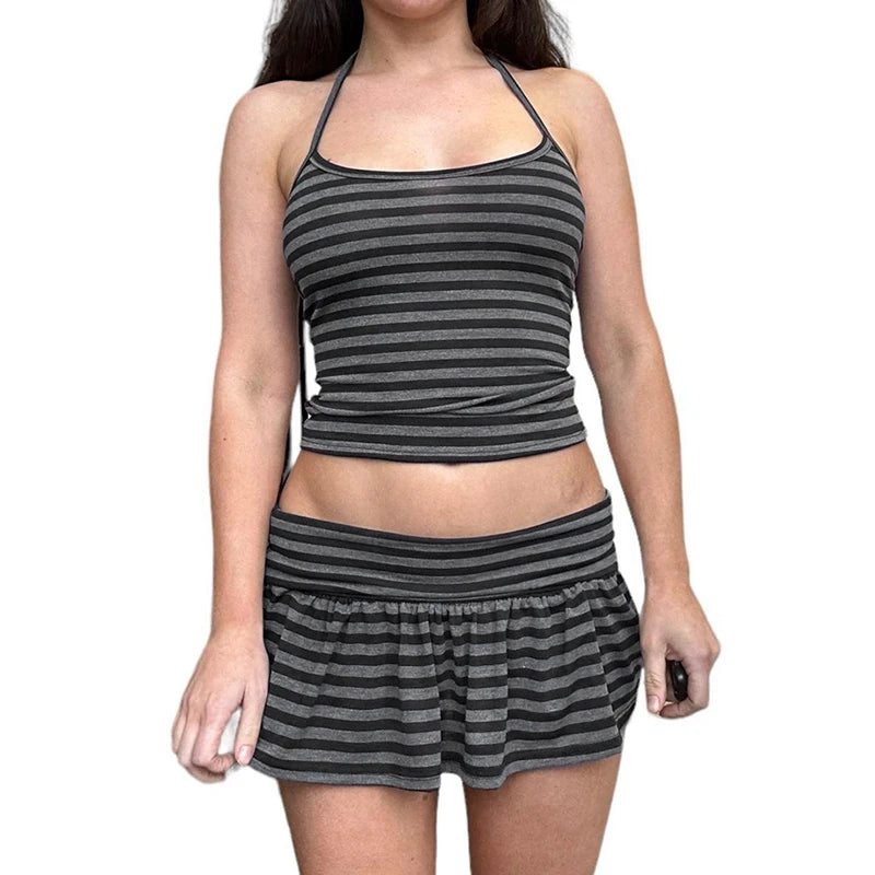 Casual Striped Contrast Color Tow Piece Sets Women's Summer Mini Slim Lace-Up Halter Camis+Super Short Skirts Outfits