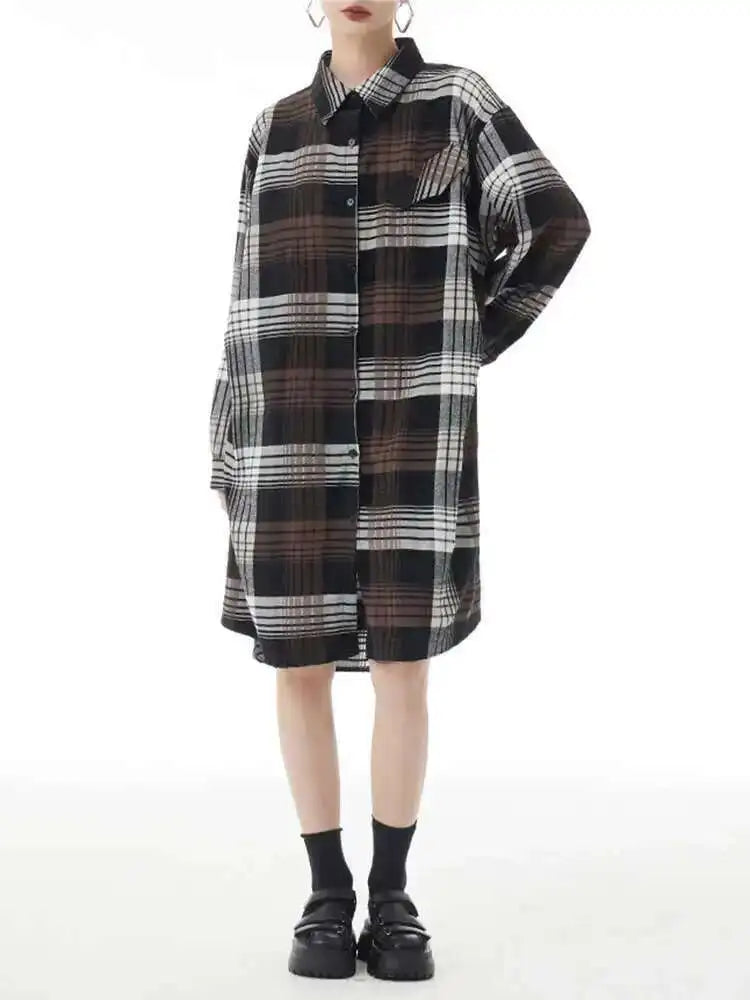 Women Plaid Big Size Knee-Length Shirt Dress New Lapel Long Sleeve A-line Loose Fit Fashion Spring Autumn 2025 1DH2091