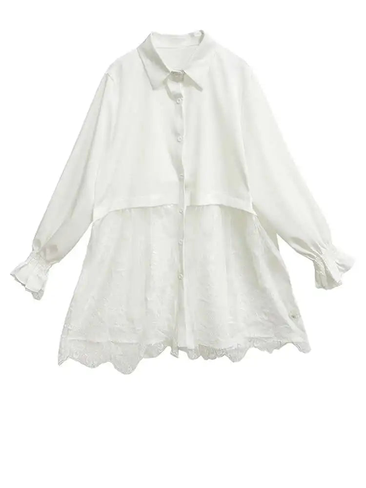 Women White Lace Perspective Big Size Long Blouse New Lapel Long Sleeve Shirt Fashion Tide Spring Autumn 2025 1DH9131
