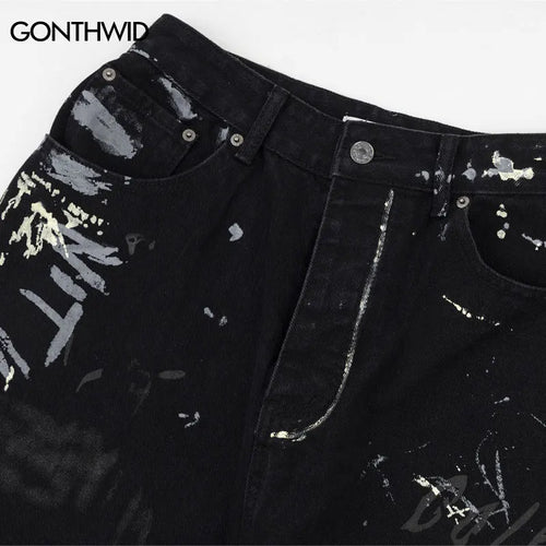 Load image into Gallery viewer, Hip Hop Black Jeans Y2K Men Graffiti Print Straight Wide Baggy Loose Denim Pants Streetwear 2023 Harajuku Fashion Punk Trousers
