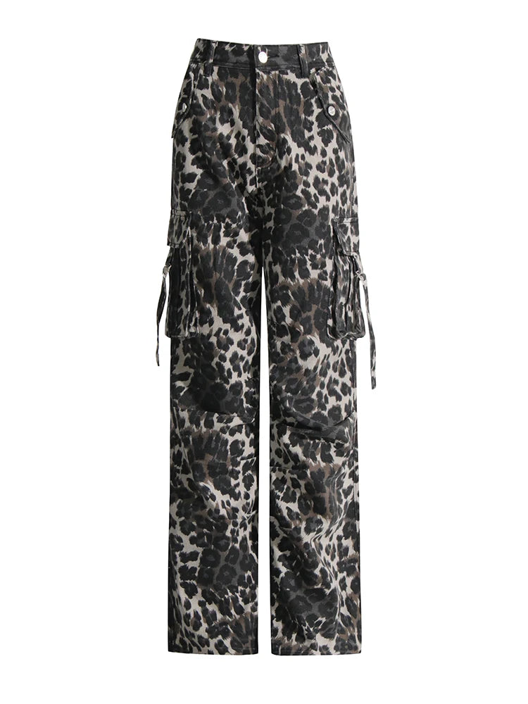 Colorblock Leopard Printing Casual Loose Pants For Women High Waist Spliced Pockets Streetwear Wide Leg Pant Female
