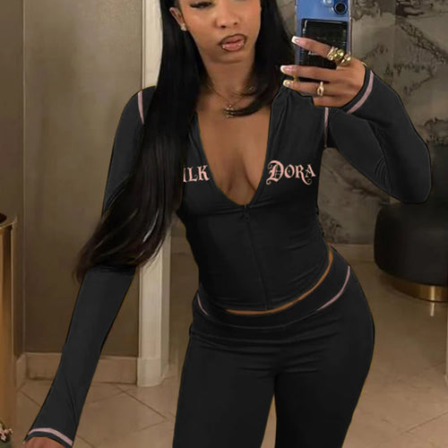 Load image into Gallery viewer, Casual Letter Print Women 2 Piece Set Tracksuit Sporty Full Sleeve Crop Jacket+Pants Matching Streetwear Skinny Outfits
