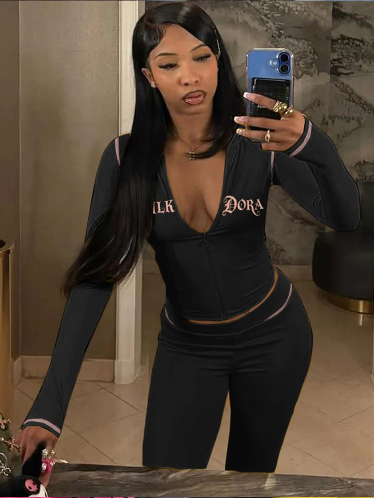 Casual Letter Print Women 2 Piece Set Tracksuit Sporty Full Sleeve Crop Jacket+Pants Matching Streetwear Skinny Outfits