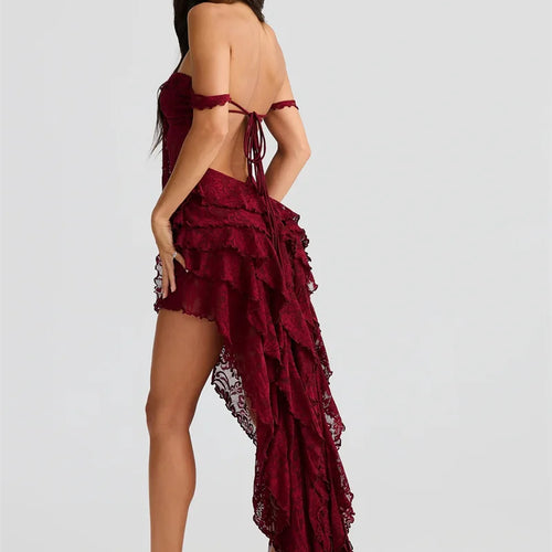 Load image into Gallery viewer, Lace Ruffle Sexy Maxi Dress Women Fashion Summer Off-shoulder Strapless Sleeveless Backless Beach Holiday Club Dress
