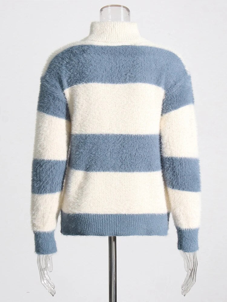 Hit Color Sweaters For Women Turtleneck Batwing Sleeve Striped Knitting Pullover Sweater Female Autumn Fashion