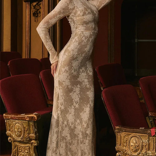 Load image into Gallery viewer, Lace Print Long Sleeve Sexy Maxi Dress For Women White Zipper Half High Collar Bodycon Fashion Elegant Long Dress
