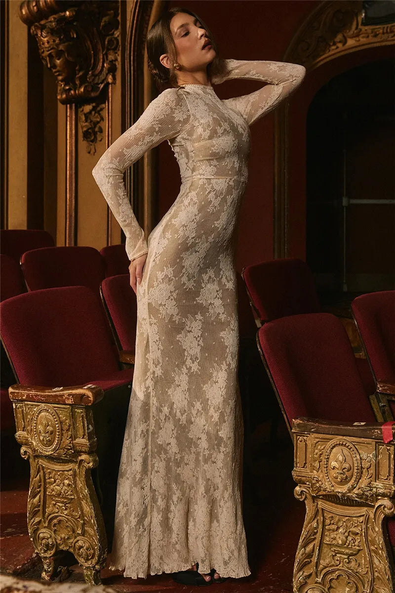 Lace Print Long Sleeve Sexy Maxi Dress For Women White Zipper Half High Collar Bodycon Fashion Elegant Long Dress