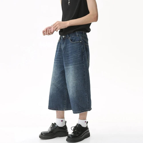 Load image into Gallery viewer, Korean Style Vintage Men&#39;s Jeans Summer Loose Male Wide Leg Knee Length Shorts Washed Fashion Denim Trouser 9A8825
