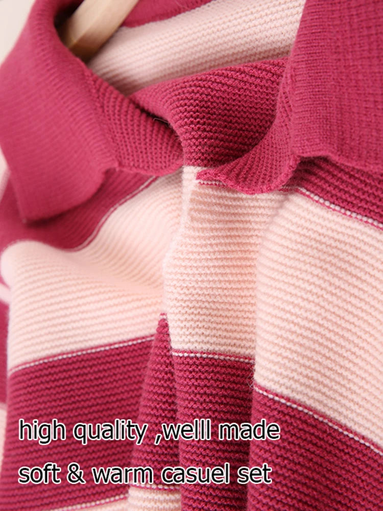Big Size Loose Knit 2 Piece Set Lapel Striped Long Sleeve Sweater + High Waist Pant Suit 2023 Autumn Winter Women New C-200