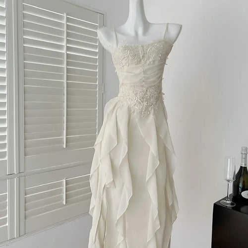 Load image into Gallery viewer, Summer French Vintage New Purple Elegant Slim Backless Party Dress Women Beige High Waist Sleeveless Ruffle Edge Slip Long Dress
