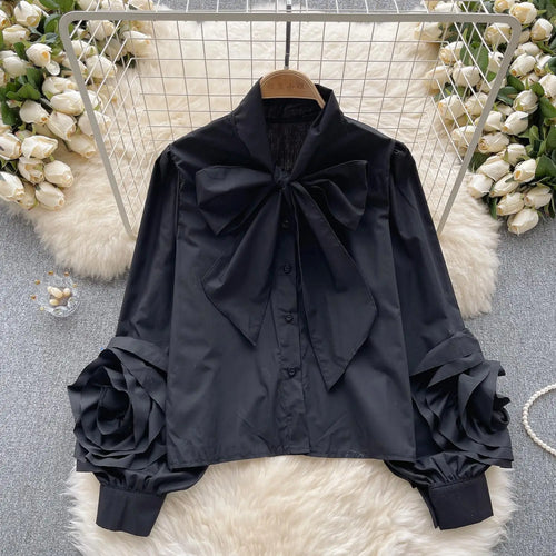 Load image into Gallery viewer, Vintage Solid Women Single Breasted Shirt Long Sleeve Bow Neck Office Lady Elegant Blouses Female Fashion Clothes 2023 Autumn
