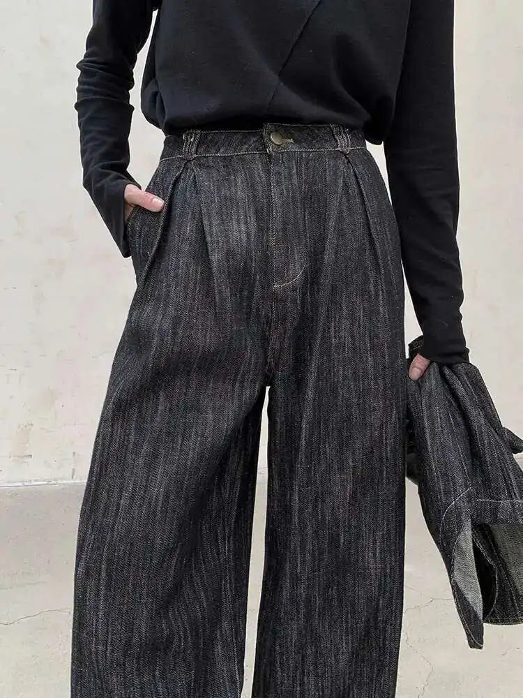 High Waist Black Brief Denim Vintage Long Casual Wide Leg Pants New Trousers Women Fashion Tide Spring Autumn 2025 1DH8385