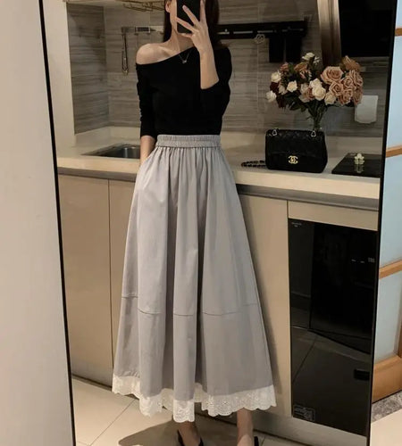 Spring Summer French Fashion Patchwork Lace Elegant Versatile Long Skirt Women Vintage High Waisted Vacation Pleated Half Skirts
