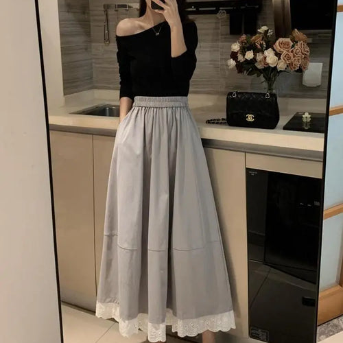 Load image into Gallery viewer, Spring Summer French Fashion Patchwork Lace Elegant Versatile Long Skirt Women Vintage High Waisted Vacation Pleated Half Skirts
